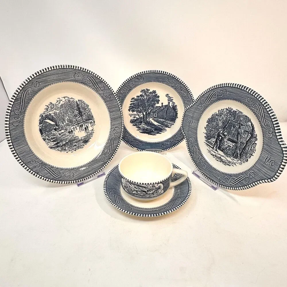 Vintage Royal China Currier and Ives Blue Transferware 5 Piece Dinnerware Set